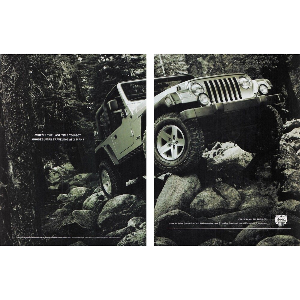 Jeep Wrangler Rubicon Off-Road Rock Crawling Vintage Print Ad Car 2002 two page